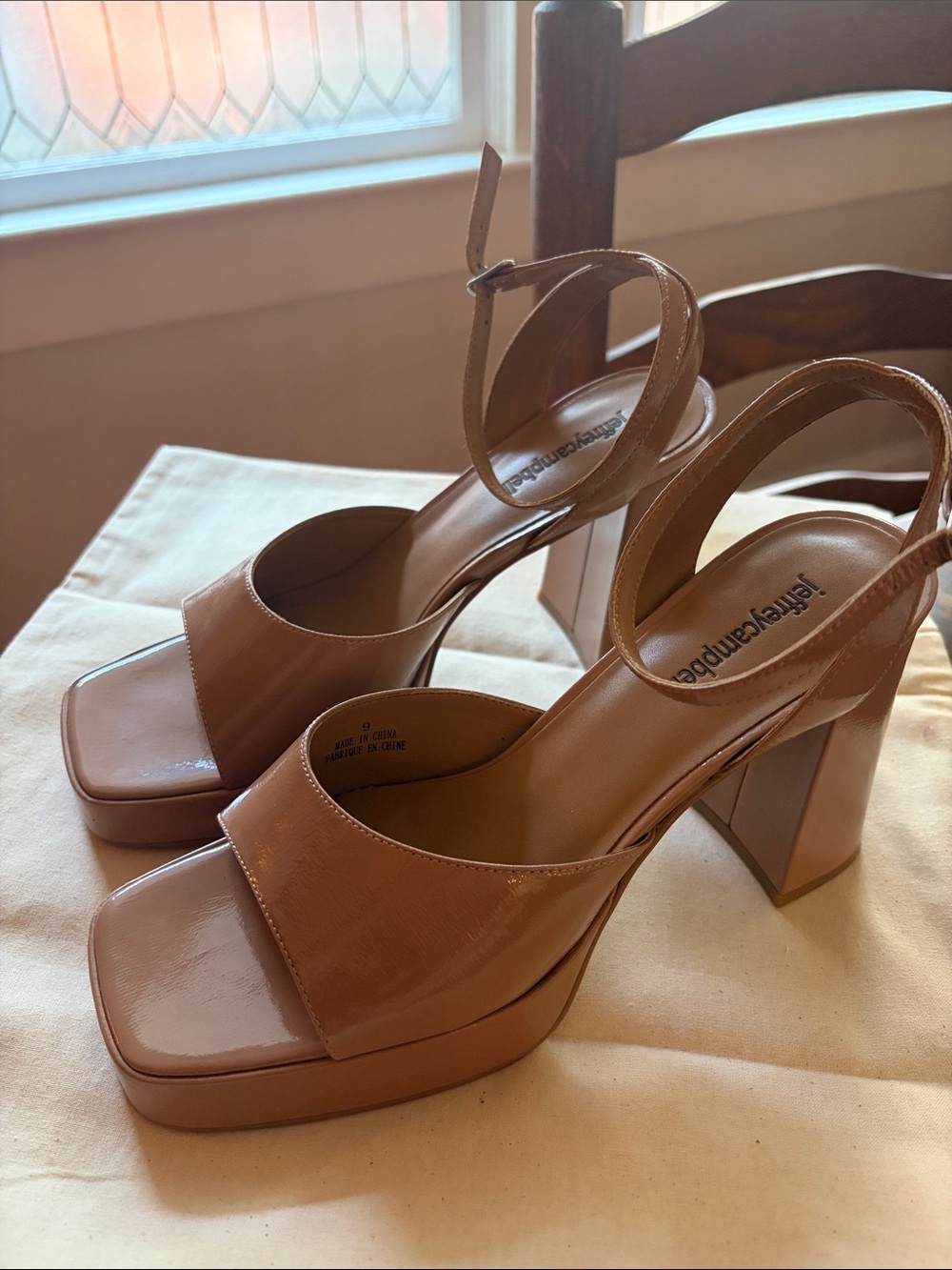 Jeffrey Campbell Tan Patent Platform Block Heel Sandals